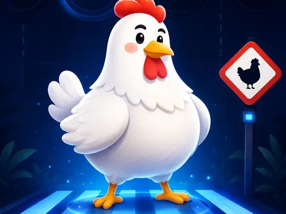 Close-up of the Rainbet chicken game mascot standing on the illuminated Chicken Cross lane