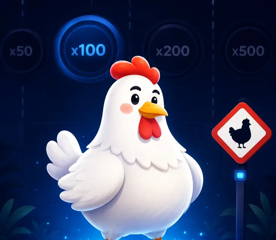 Rainbet chicken game multiplier row showing x50, x100, x200 and x500 markers above the crossing lanes