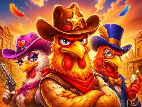 Chicken Rush slot artwork with three western-themed chickens in front of a desert saloon at sunset