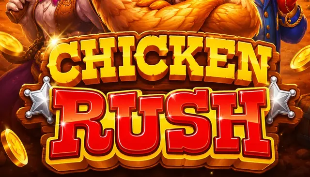 Chicken Rush slot characters and Wild West game artwork on Rainbet, with the carved gold and red title sign