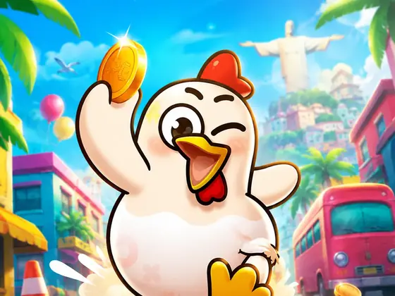 Chicky Run slot artwork with a cheerful cartoon hen holding a gold coin on a bright city street