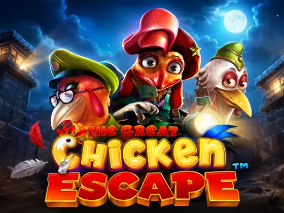 The Great Chicken Escape artwork with three cartoon chickens in military caps outside a floodlit prison yard
