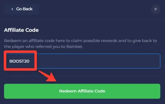 Rainbet Affiliate Code screen with BOOST20 typed into the input field above the green Redeem Affiliate Code button