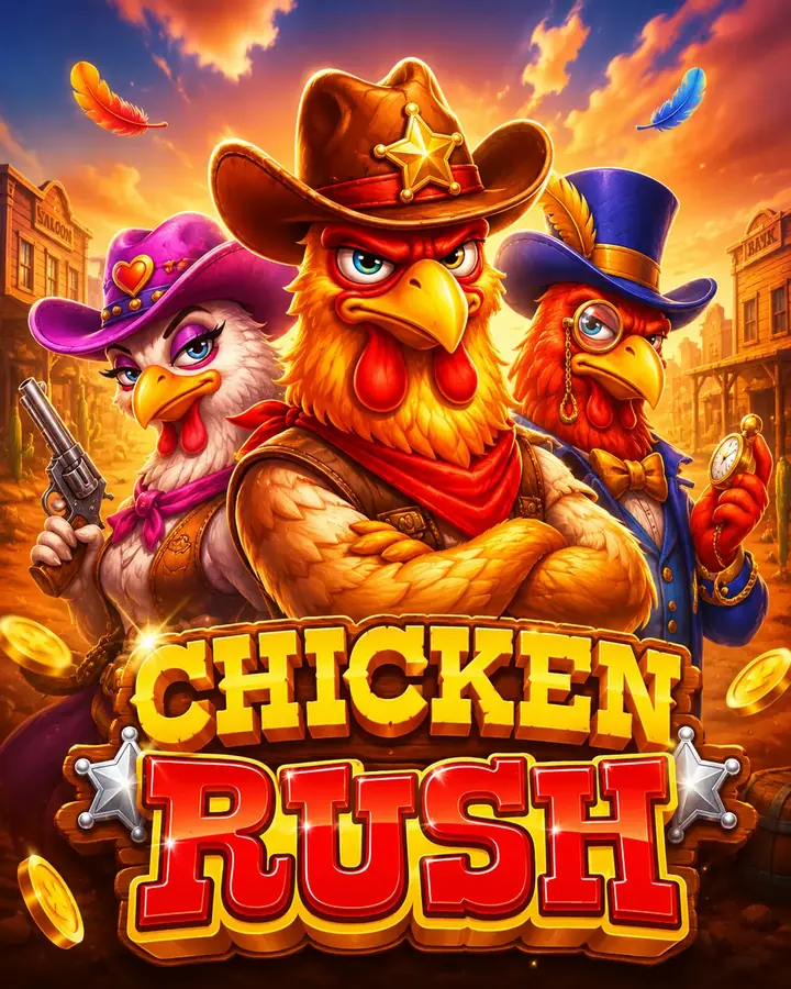 Rainbet Chicken Rush slot key art: a sheriff rooster flanked by a gunslinger hen and a top-hatted rooster in a desert town at sunset