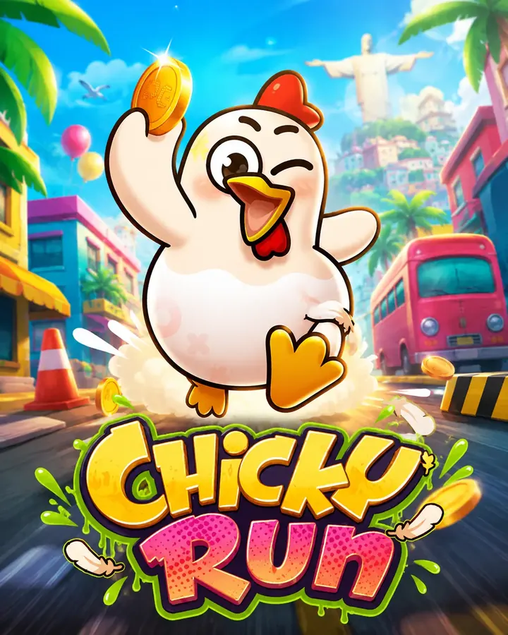 Rainbet Chicky Run slot key art: a cheerful cartoon hen holding a gold coin while running down a sunlit street past palm trees and a pink bus