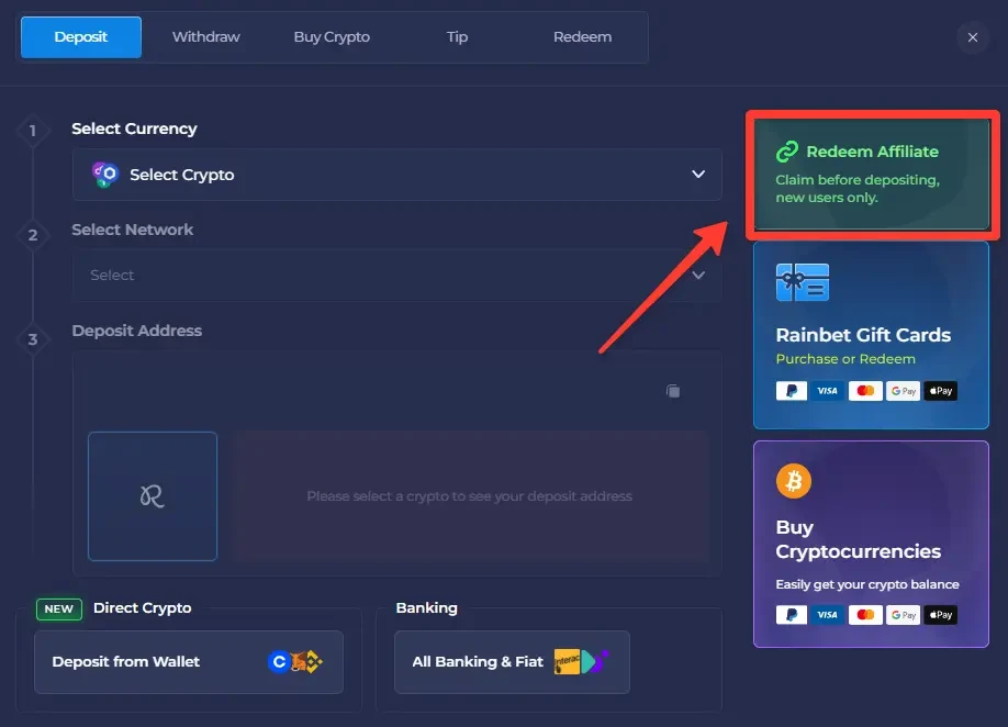 Rainbet Deposit panel with the Redeem Affiliate card highlighted in the right-hand column above Rainbet Gift Cards and Buy Cryptocurrencies