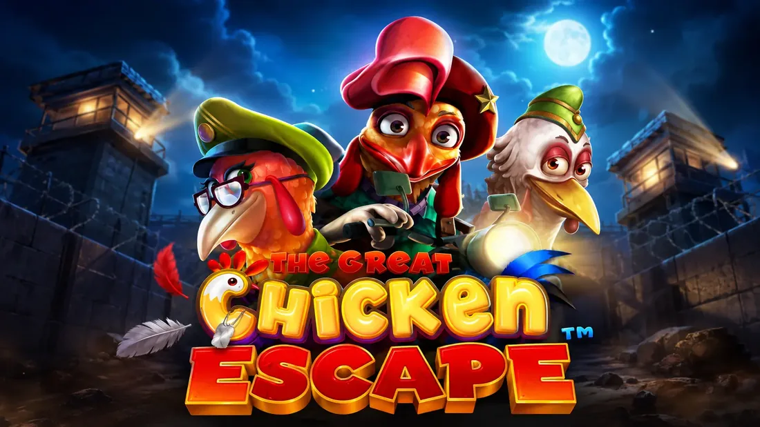 Rainbet The Great Chicken Escape key art: three cartoon chickens in military caps in front of a floodlit prison yard at night